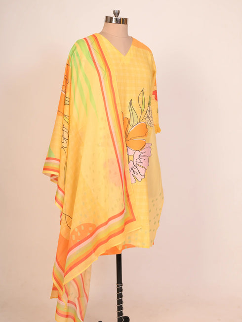 Yellow Cotton Floral Print Kurti Set